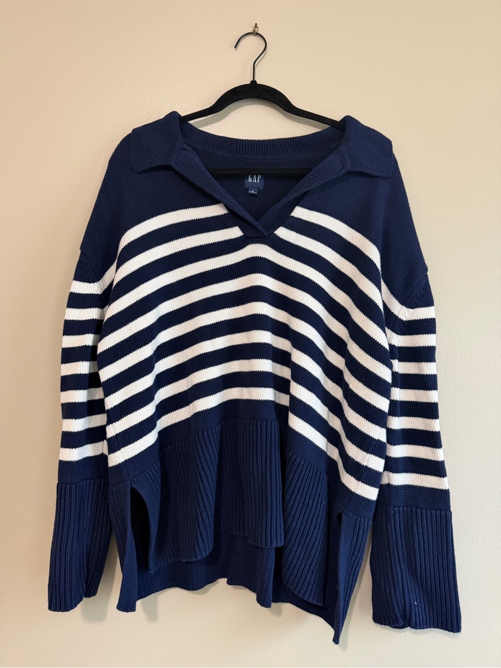 GAP Navy and White Striped V-Neck Polo Sweater